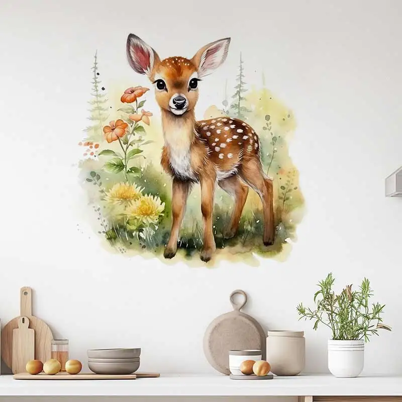 Baby Deer Fawn Watercolor Wall Stickers Decoration Dining Room Living Room Cabinet Refrigerator Home Decoration Decals S921