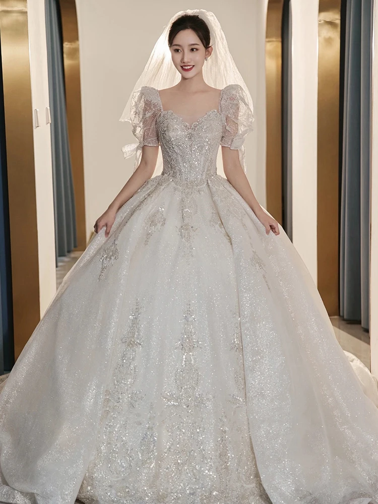 

Vintage Luxury appliques Wedding Dress 2023 New Bridal Dresses Ball Gown Short Sleeve Winter Beading Shinny Wedding Gowns