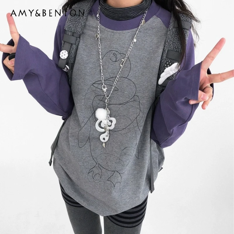 

2025 Autumn Winter New Animal Print Pattern Splicing Women's Round Neck Bottoming Shirt Retro Design Long Sleeve T-Shirt Ladies