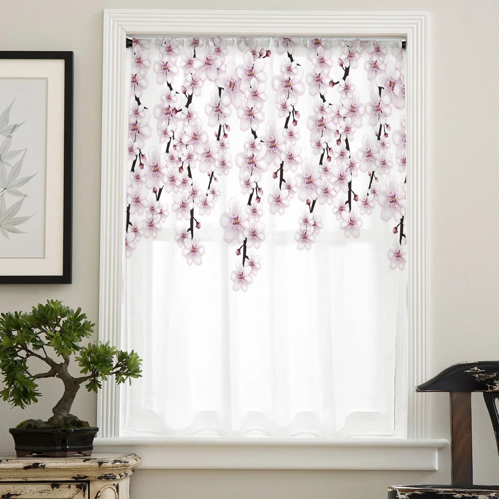 Spring Cherry Blossom Branches Sheer Curtains For Living Room Bedroom Kitchen Decoration Window Voiles Organza Tulle Curtain