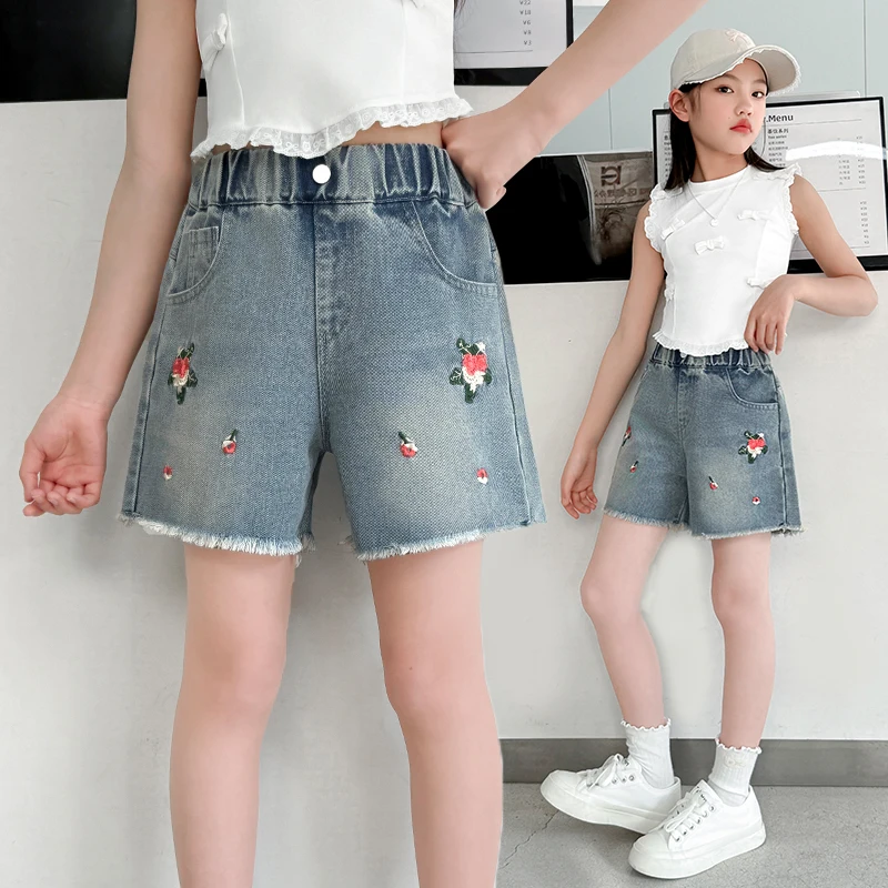 Kids Girl y2k Retro American Flower Embroidered Denim Shorts Tweens Child Hip Hop Fashion Summer Floral Embroidery Mini Shorts