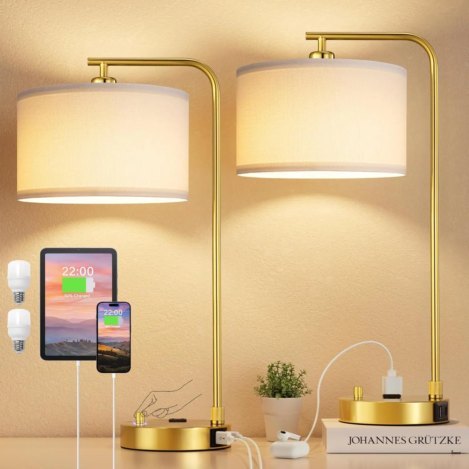 

Dimmable Nightstand Lamps Set of 2 with USB Port and Outlet, Modern Gold Design with Linen Shade for Bedroom Office Living Room