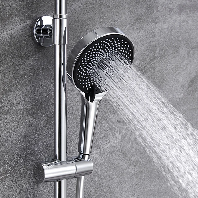 ヨーロッパスタイルのデュアルハンドルステンレス製シャワーセット、サーモスタット式蛇口、レインパターン浴室ヘッド、セラミックバルブコア付き