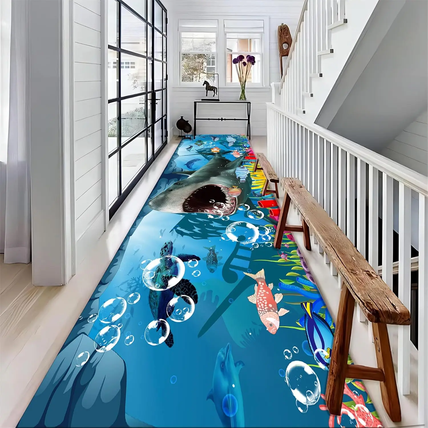 Ocean Animal Runner Rug Nautical Area Rug Cute Colorful Cartoon Fish Printing Carpet, Sea Life and Ocean Theme Decor Corrido