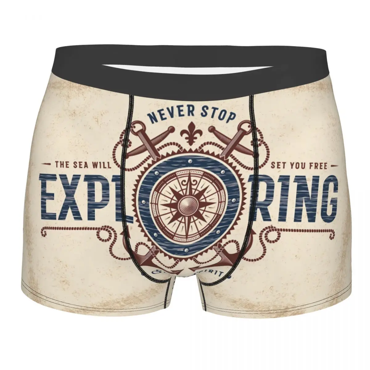 Vintage Never Stop Exploring Man's Boxer Briefs Underwear Ocean Compass Highly Breathable High Quality Sexy Shorts Gift Idea