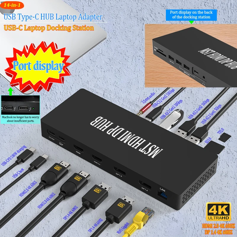 

MST Dual HDMI Dual DP HUB Type-C to RJ45 SD/TF USB3.2 HDMI DP 3.5mm Adapter USB-C Laptop Docking Station 4 Monitors for MacBook