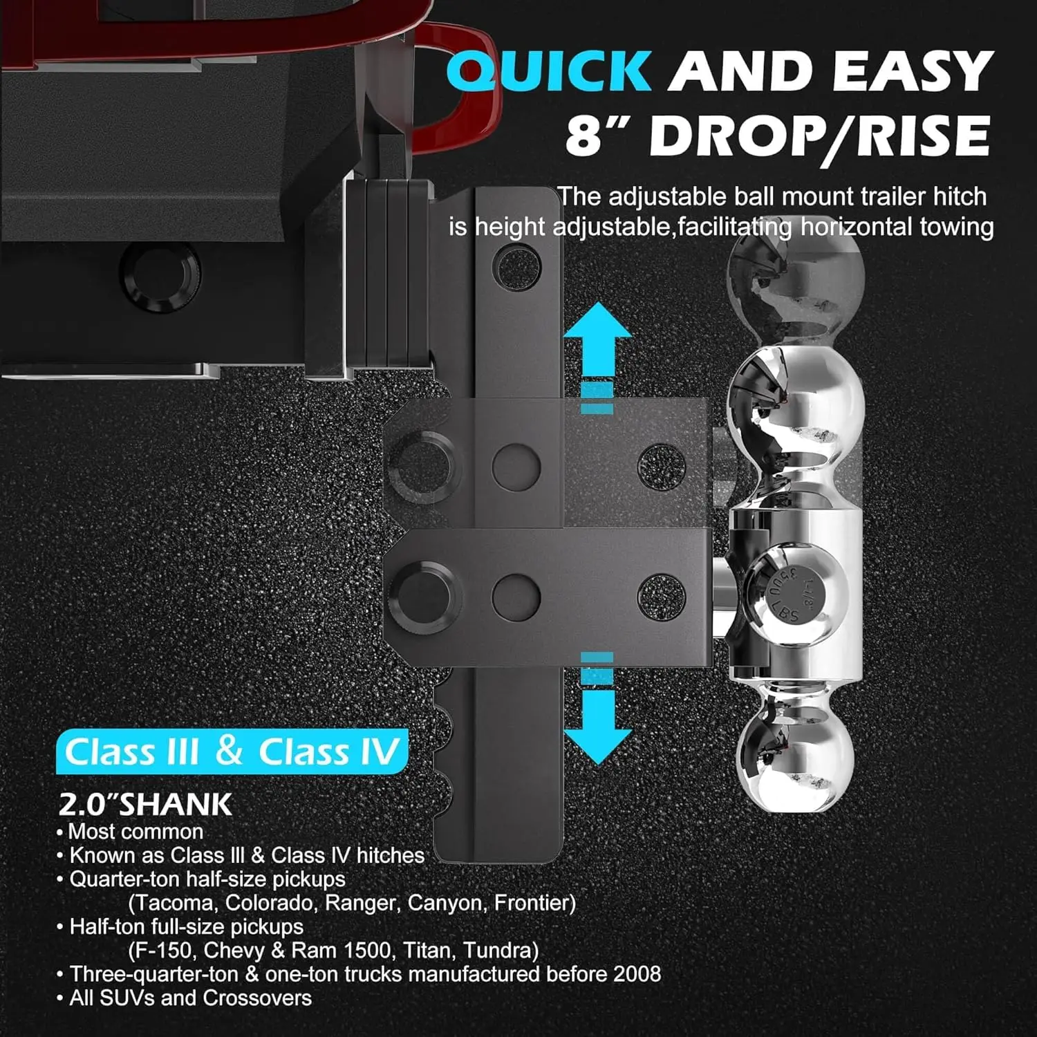 حامل كروي وصلة مقطورة قابل للتعديل، جهاز استقبال مناسب مقاس 2 بوصة، كرة ثلاثية (1-7/8 بوصة × 2 بوصة × 2-5/16 بوصة)، قطرة/ارتفاع 8 بوصة، 12500 GTW، شب عالي التحمل