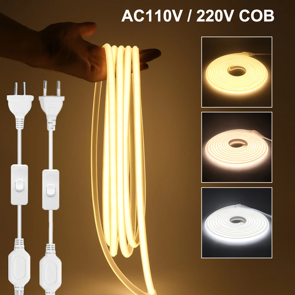 220V 110V COB LED Strip Light RA90 288Leds/m Waterproof Kitchen LED Tape Flexible Outdoor Lamp With EU US Switch Power Plug