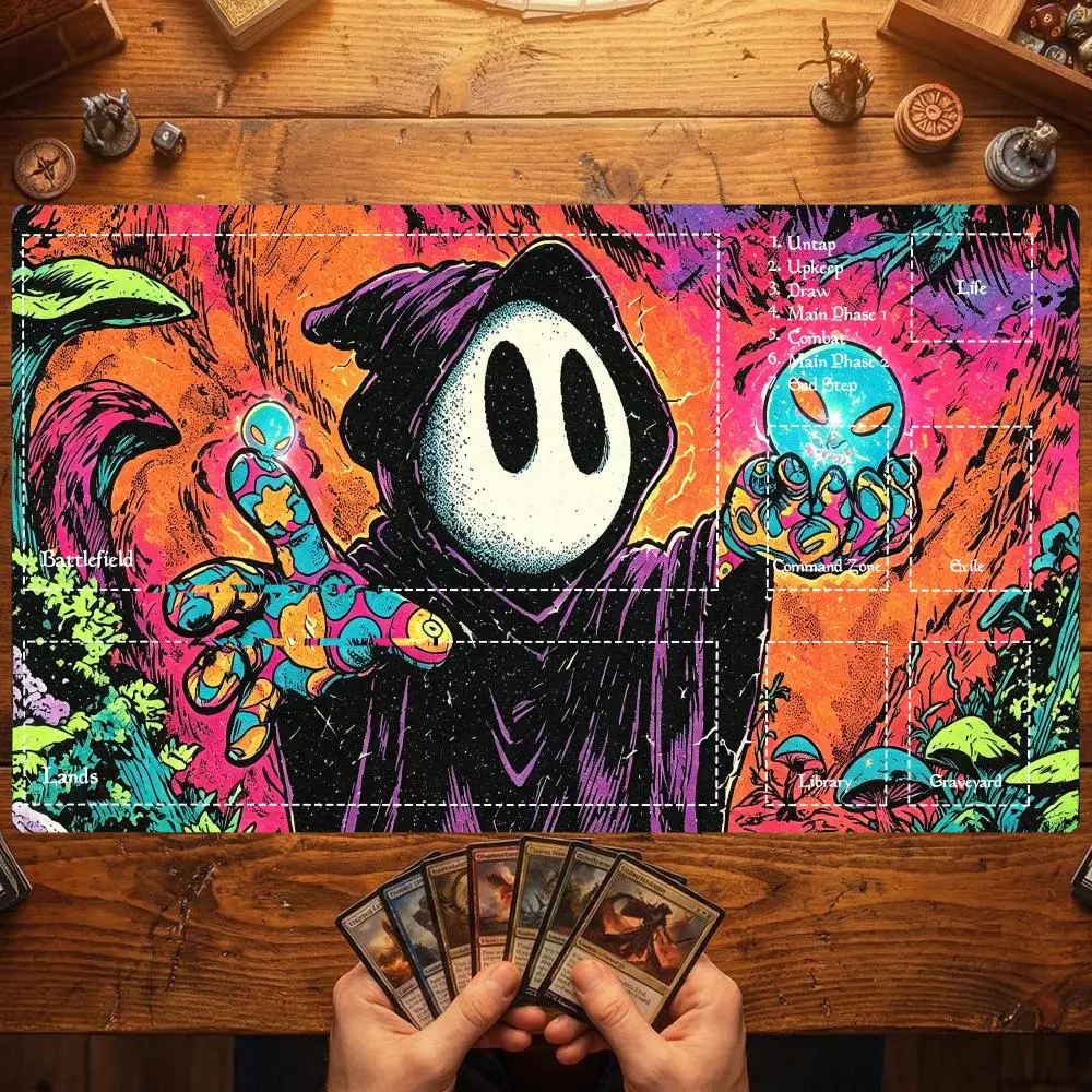 Retro Comic Mystic Wizard TCG Playmat 60X35CM MTG Battle Mat Game Zones Non‑Slip Durable Stitched Edge Card Game Playmat
