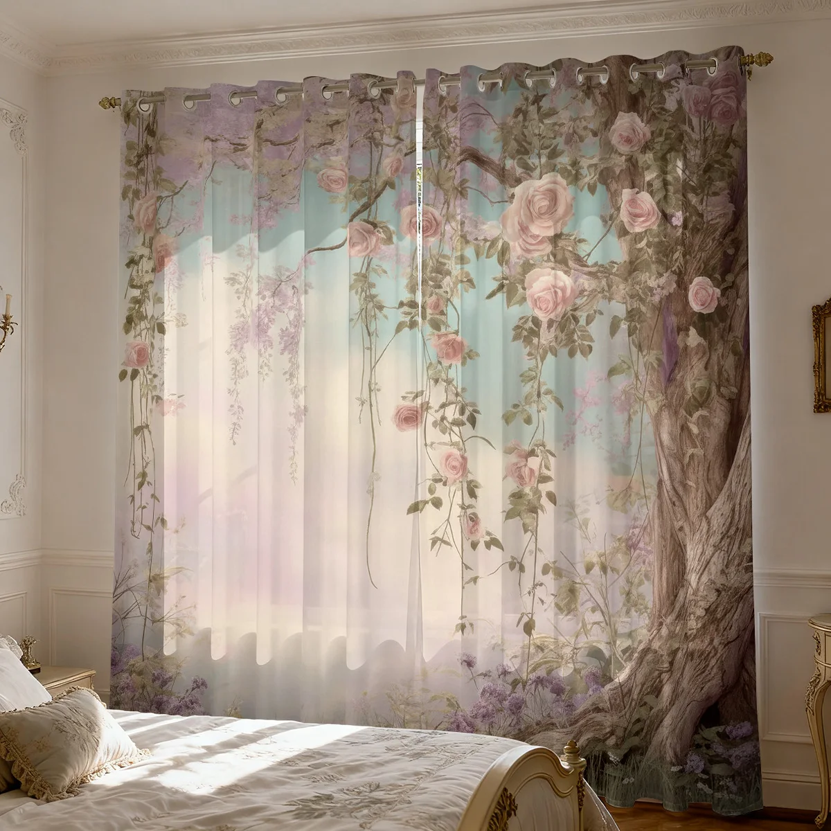 2 Cortinas Estampadas con Diseño de Flores Primaverales de 90g, Aislantes para Sala de Estar y Dormitorio, Varios Tamaños, Decoración Moderna para el Hogar