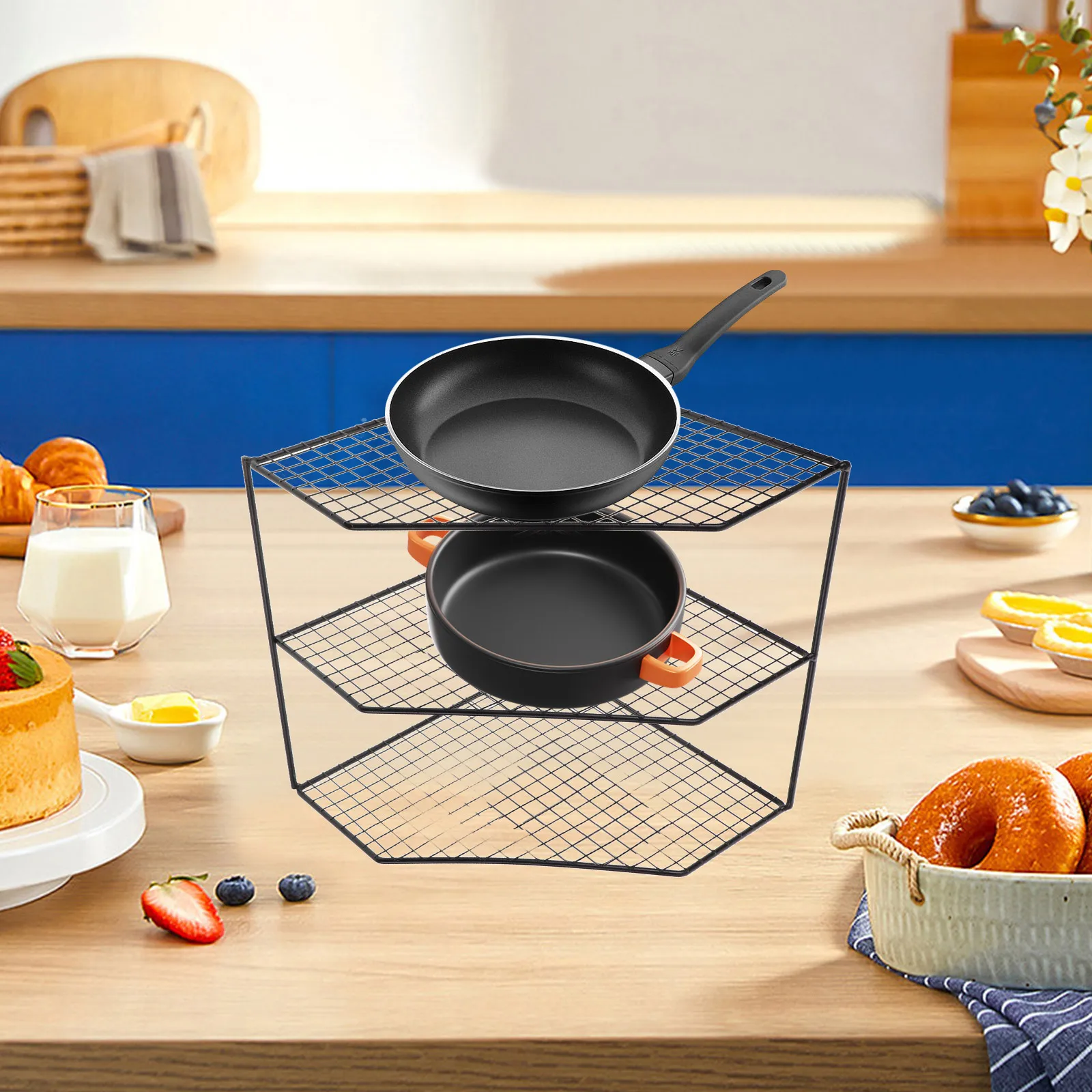 

Pot Storage Rack Kitchen Cabinet Organizer Countertop Pan Multifunction Iron Multi-layer Safe Reusable Round Corner Smooth Edges