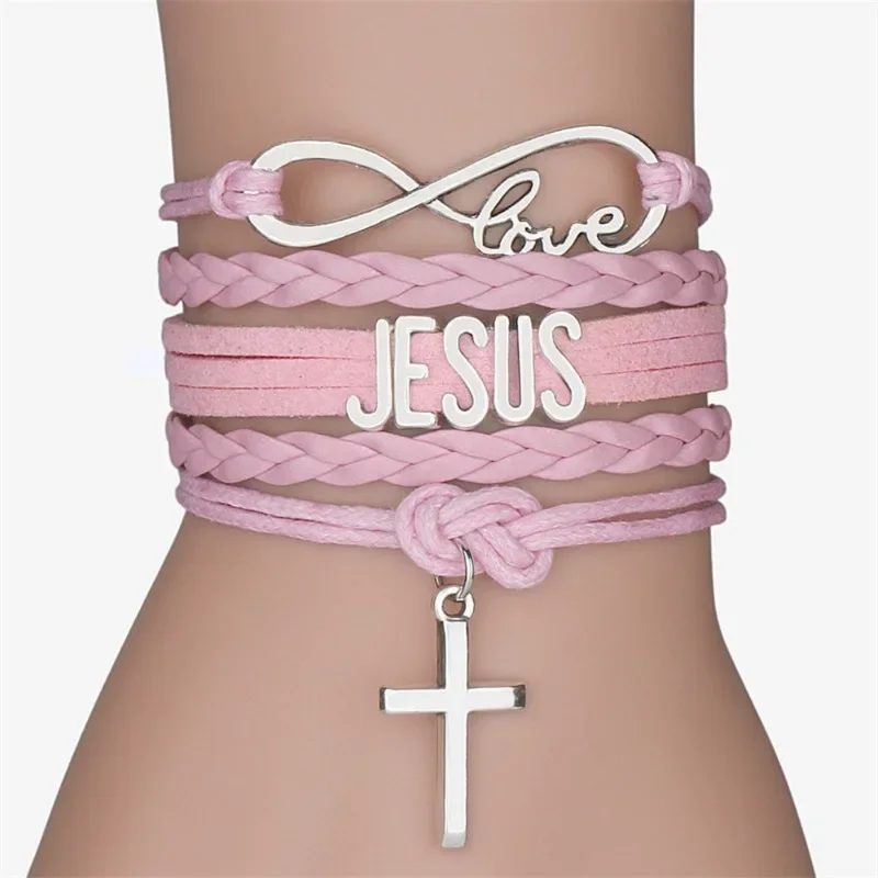 Classic Pink Black Leather Rope 8 Infinite Cross Bracelet Lucky Letter Love JESUS Bracelet for Women Men Girls Jewelry Gift