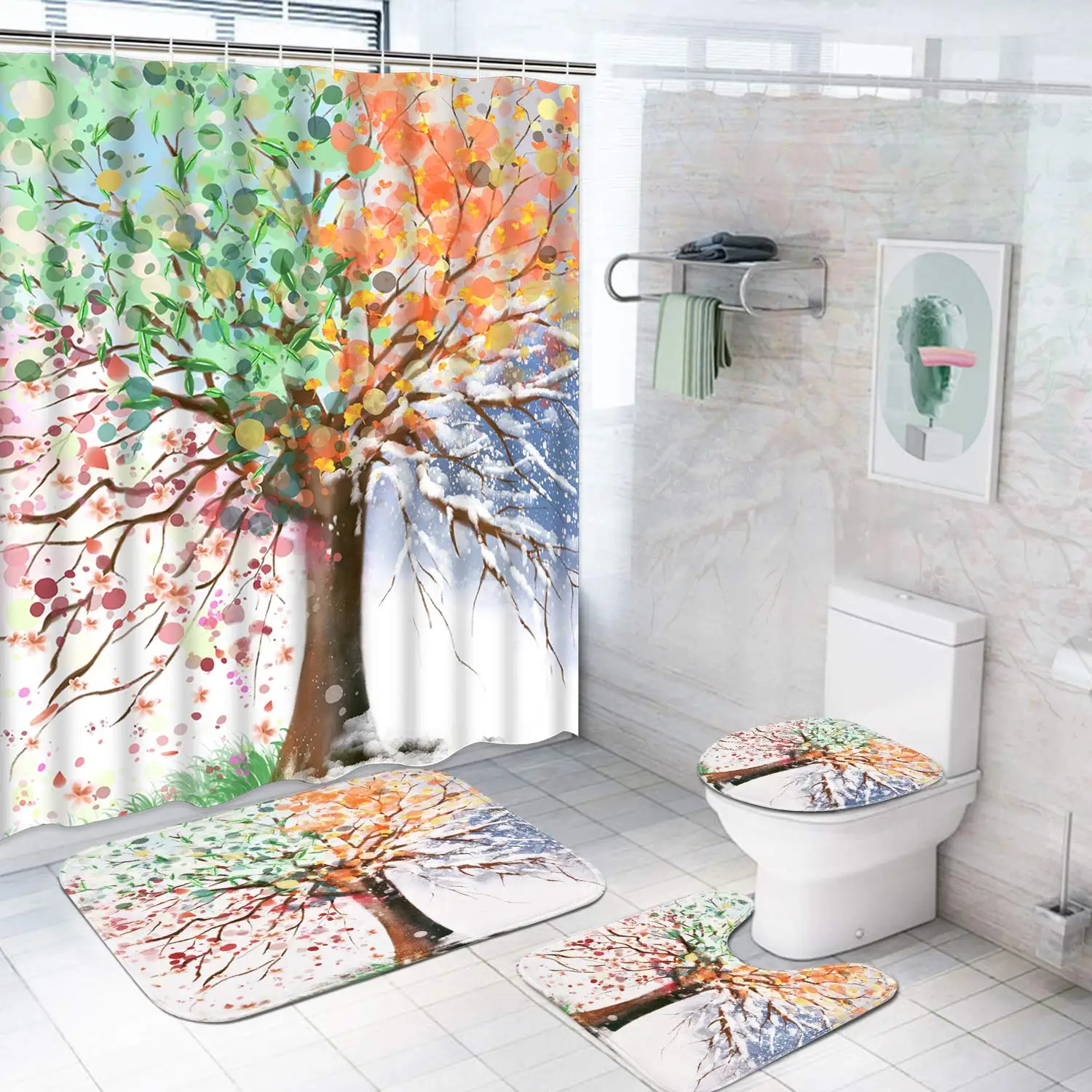 

Colorful Rainbow Tree Shower Curtain Set Non-Slip RugToilet Lid Cover Bath Mat Watercolor Blooming Branches