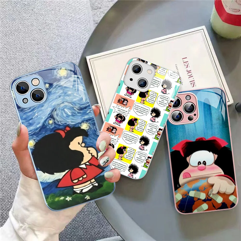 Mafalda Phone Case For iPhone 15 13 12 Mini 11 Pro XS Max X XR 14 Plus Tempered Glass Cover