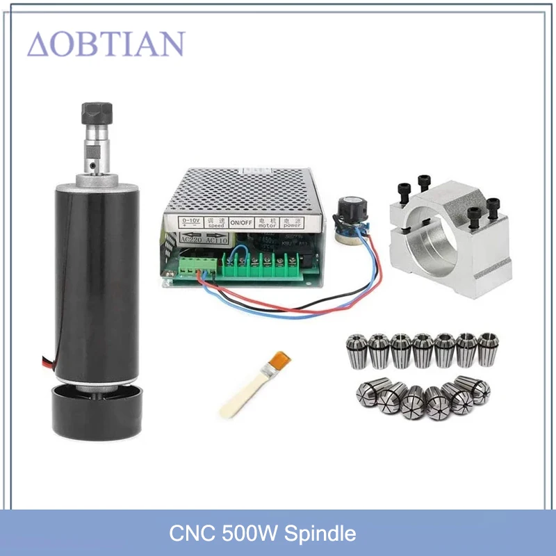 0.5kw Air Cooled Spindle Motor ER11 Chuck CNC 500W Spindle DC Motor + 52mm Clamps + Power Supply Speed Governor For DIY CNC