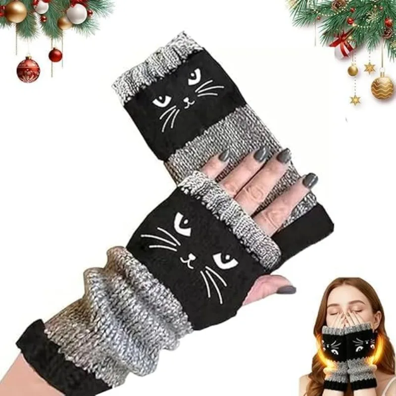 Women’s Knitted Fingerless Gloves with Cat Embroidery,Thick Warm Winter Gloves,Essential for winter travel