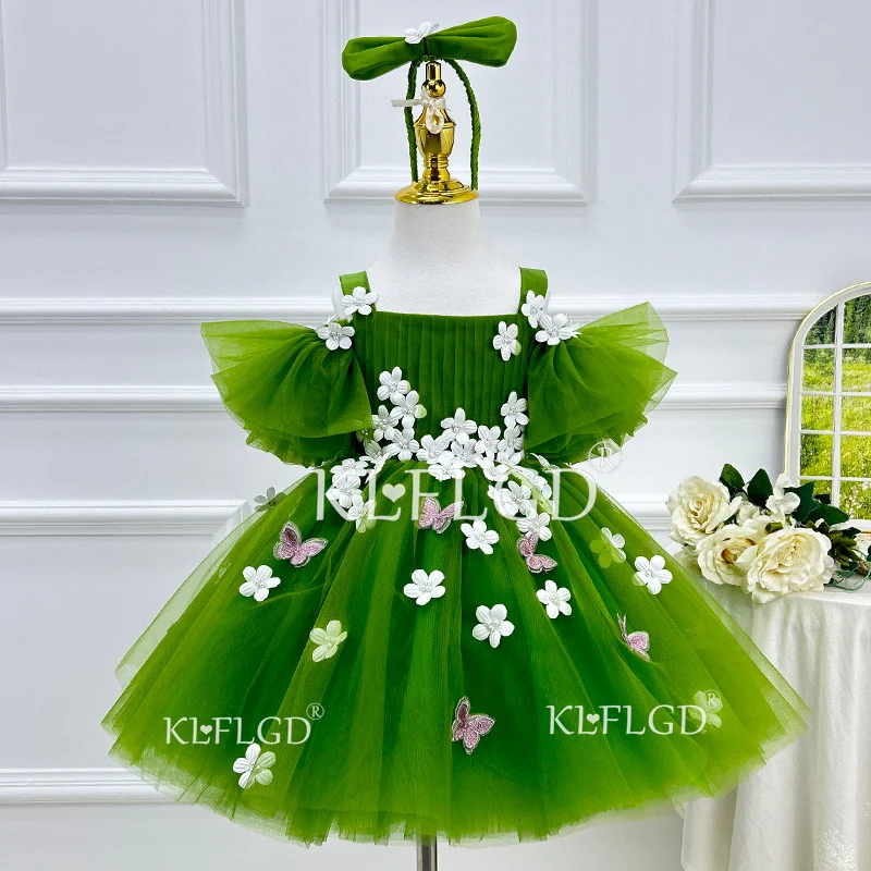 

New Elegant Green Flower Fairy Mesh Princess Dress Gorgeous Western Style Girls' Christmas Performance Princess Dress Halloween