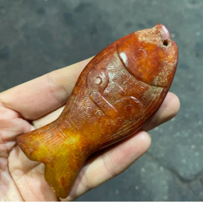Old Chinese culture Old Jade Carved fengshui fish Jade bi statue Fengshui Decor Home Interior Ornament Collection Craft