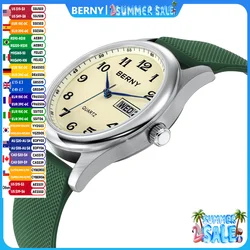 BERNY Men's Watches Calendar Weeks Quartz Men Wristwatch Stainless Steel Case Soft Easy Read Dress Watch