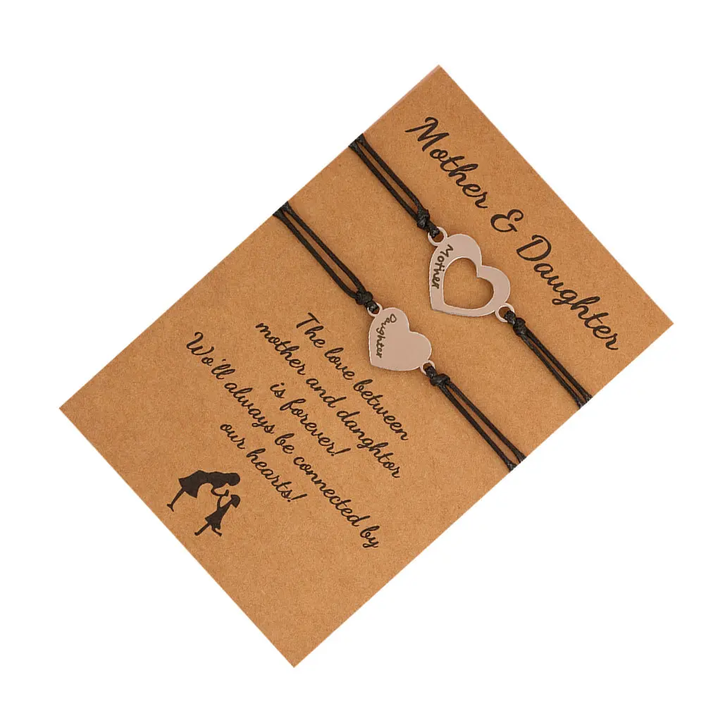 Heart Shape Engraved Knitting Bracelet with Adjustable Waxed Thread for Mother Daughter Birthday Gift