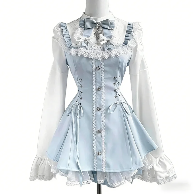 Lolita Kawaii Y2k Jurk met lange mouwen en bandjes Japanse knielange dames elegante kanten strik patchwork baljurk zoet het hele seizoen