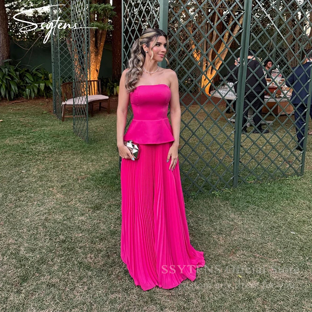 

SSYTENS Strapless Pink Party Prom Dresses Pleats Wedding Guest Gowns Long Special Occasion Saudi Women Evening Dress Customized
