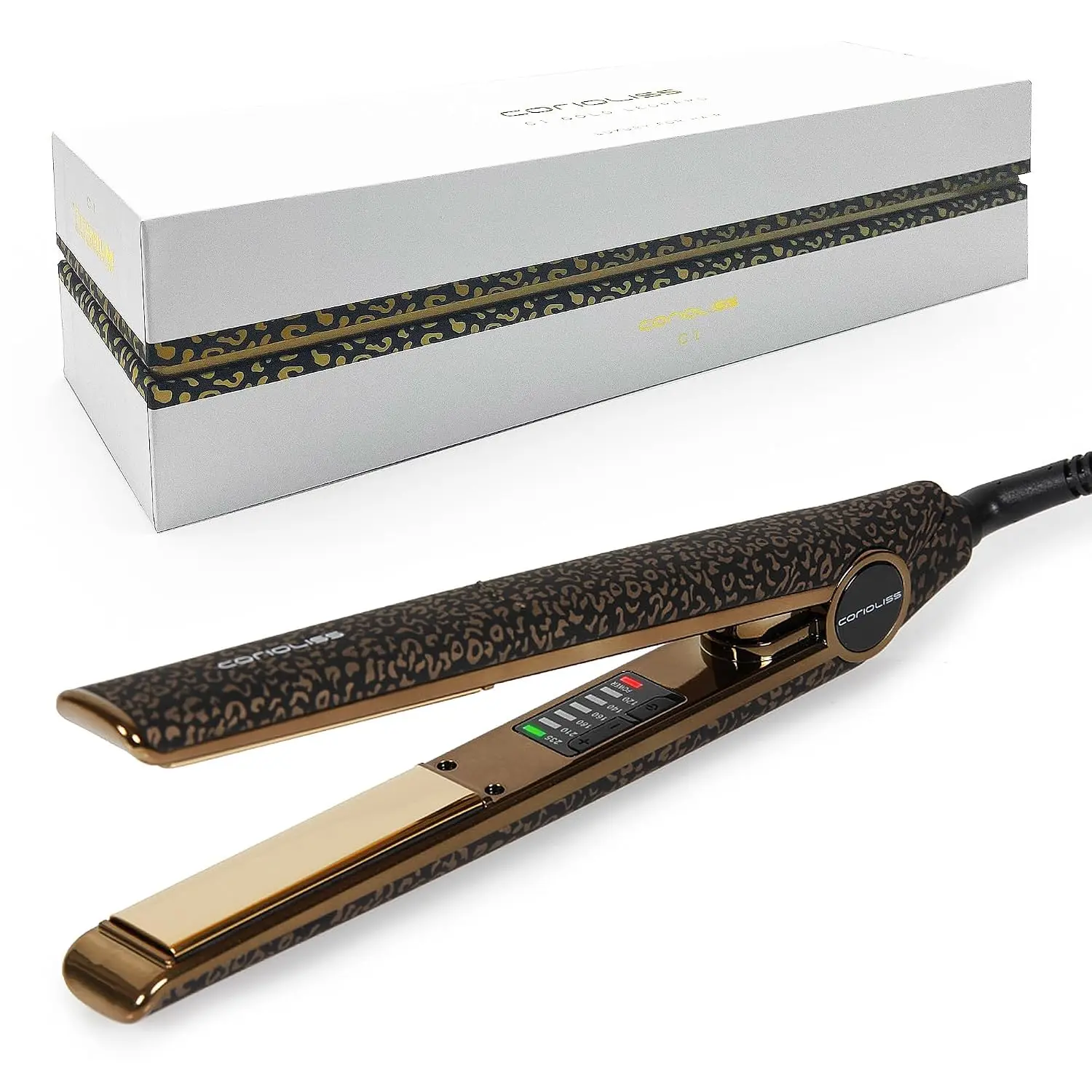 Professional Flat Iron Hair Straightener with Titanium Plates, Temperature Control, and Travel Case, Leopard Gold Soft Touch