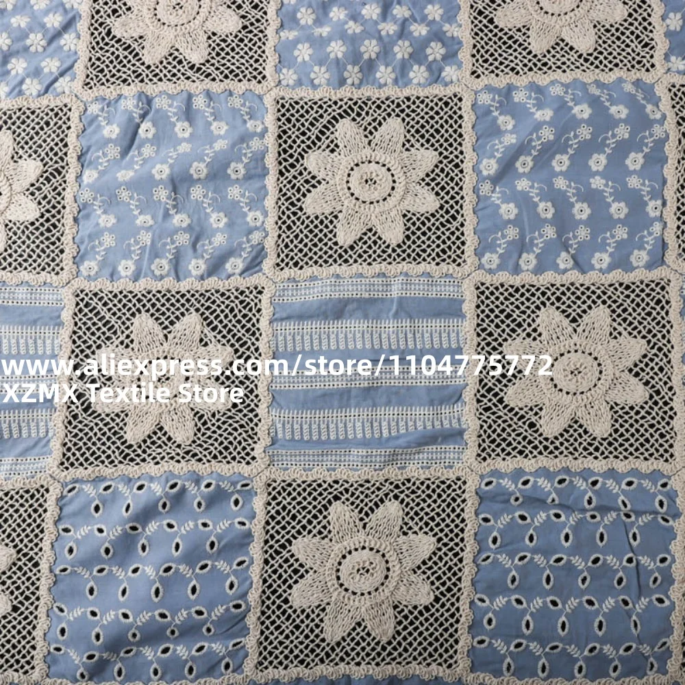 Square Patchwork Crochet Lace Fabric,Hollow Grid Floral Embroidery Cloth,Eyelet Cutout Textile for Dress Curtain DIY