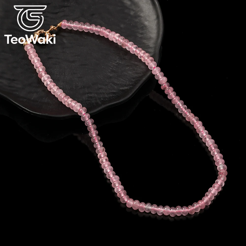 TeoWaki 4x6mm Rose Quartz Abacus Bead Necklace 40cm Natural Stone Choker for Men Women Christmas Symbol of Courage & Confidence