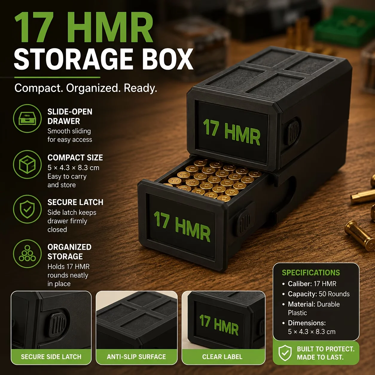 17 HMR Bullet Storage Case, 50-Round Portable Pull-Out Ammo Box with Safety Latch, Tactical Shooting and Hunting Accessory