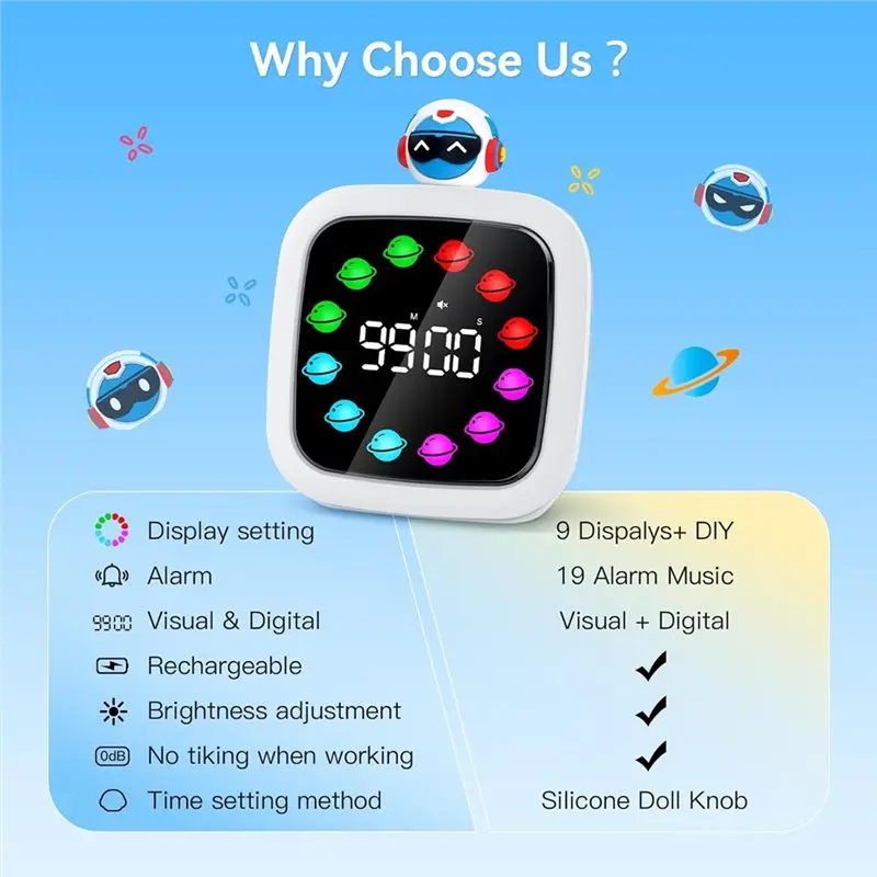 【HAPPY】DIY Color Display, 99-Minute Rechargeable Visual Countdown Timer For Kids, 19 Ringtones, Time Management Tool