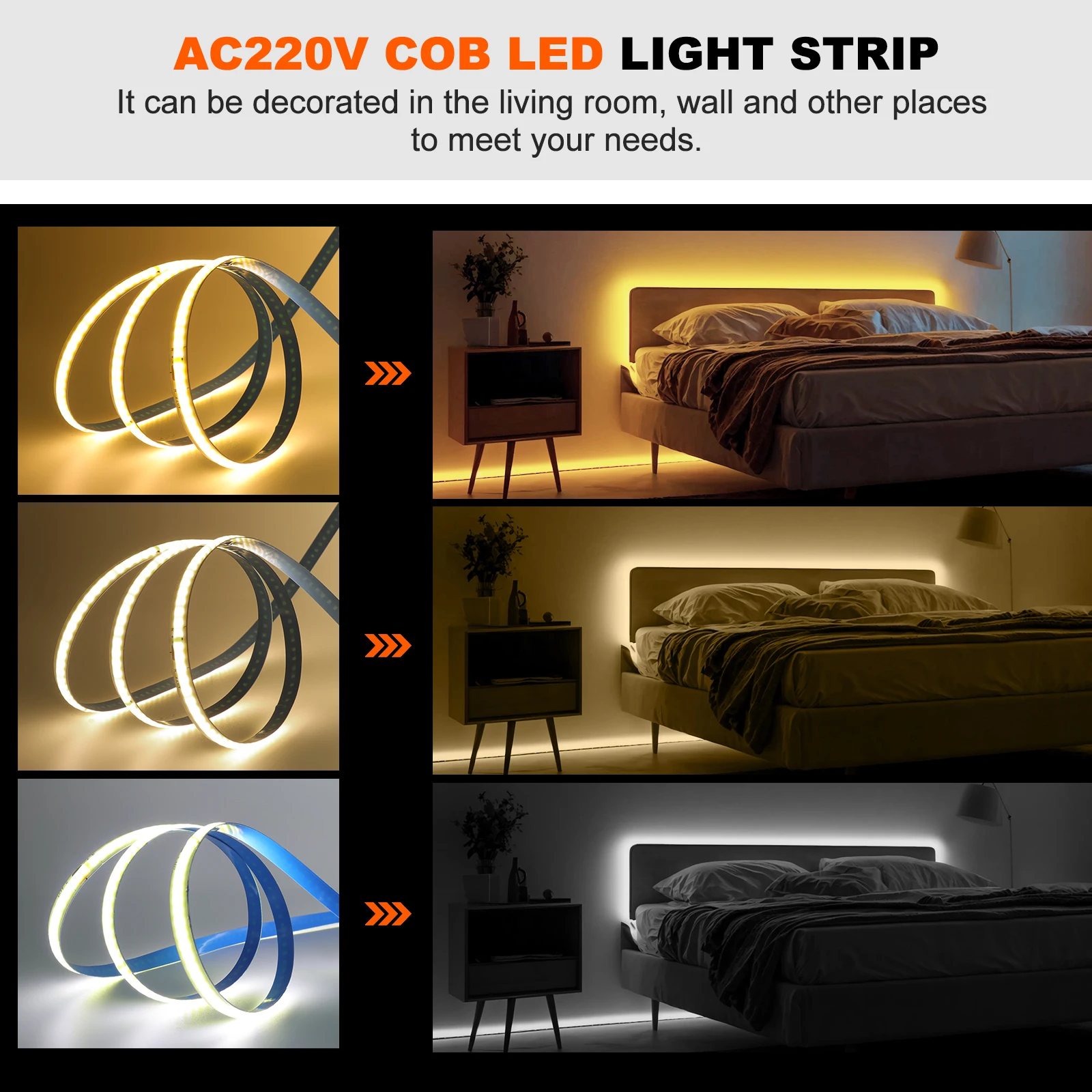 Imagem -06 - Fita de Luz Led Cob Flexível Fita Fob Fita de Corda Luz Led Decoração de Cozinha 3000k 4000k 6000k 220v ca 240leds 5m 10m Ip20