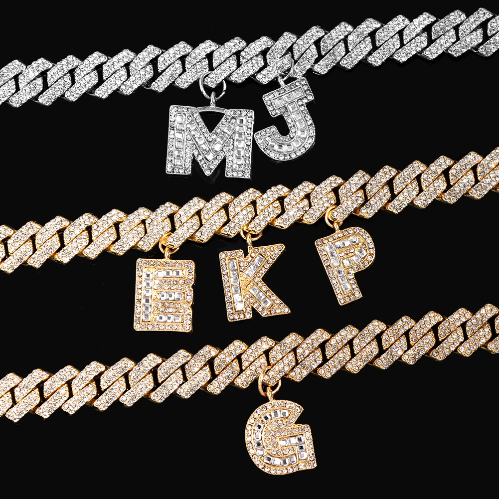 Custom Name Miami Cuban Link Chain Letter Necklace for Women Full Rhinestone Baguette Alphabe Necklace Hip Hop Birthday Jewelry