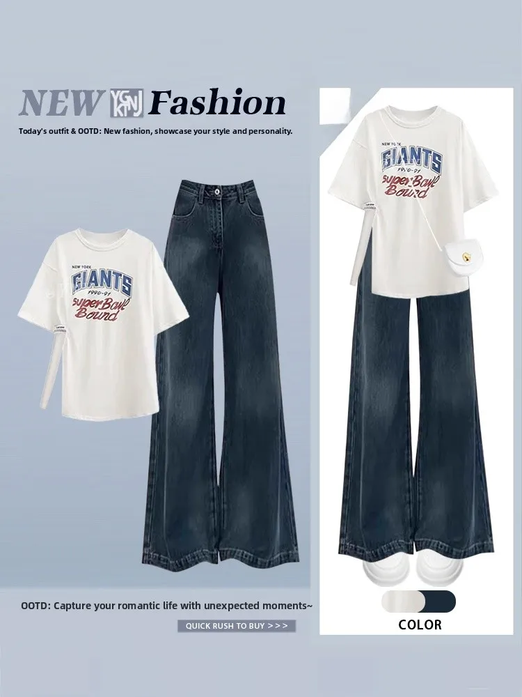 Verano 2025 Casual Sle ort Sve Top y pantalones vaqueros adelgazantes conjunto de dos piezas Faionable cómodo transpirable conjunto de mujer