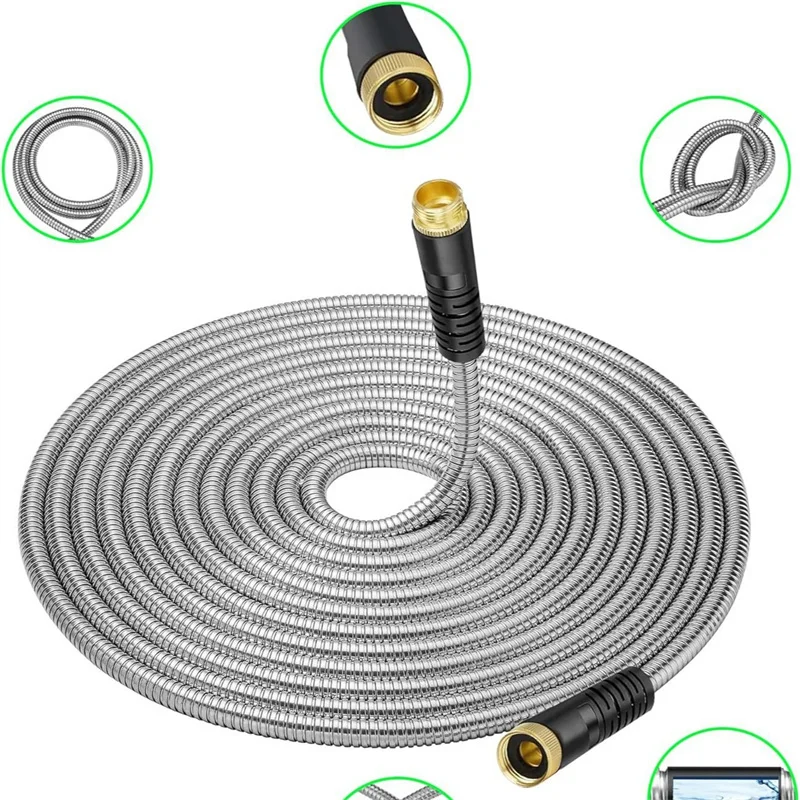 2026 Heavy Duty Stainless Steel Garden Hose – Flexible Metal Water Hose – Kink Proof & Anti-Kink – Adjustable Brass Nozzle ﻿