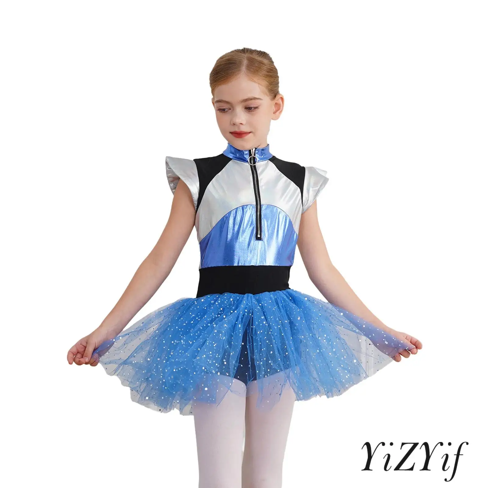 

Kids Girls Alien Cosplay Costume Short Sleeve Shiny Sequins Tutu Leotard Ballet Dancewear Halloween Party Performance Outfits