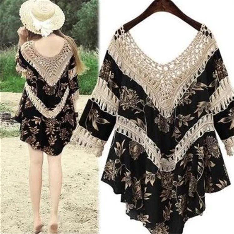 Plus Size Floral Beach Dress Bohemian Style Sexy Hollow Out Knitted Dress