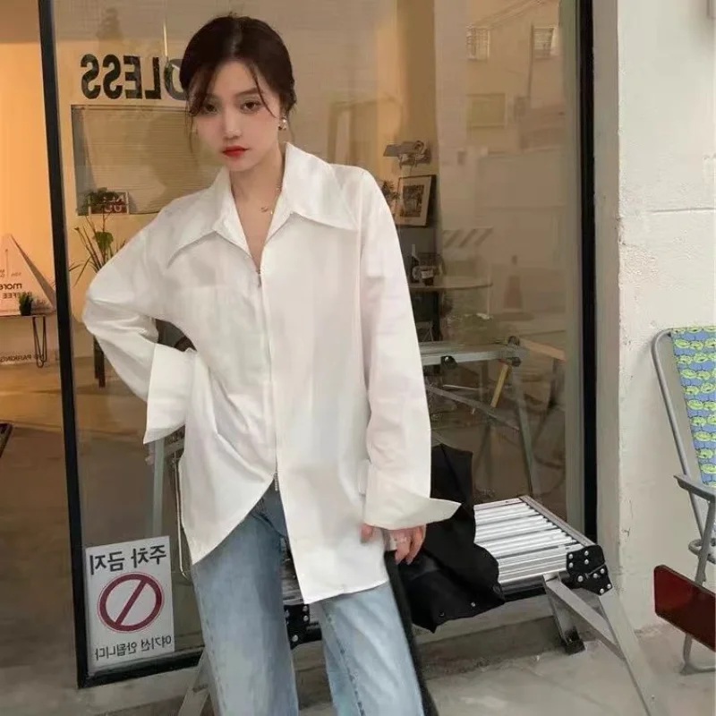 Zipper Solid Shirts Women Office Lady All-match Korean Style Minimalist Loose Long Sleeve Casual Streetwear Fashion Autumn Chic