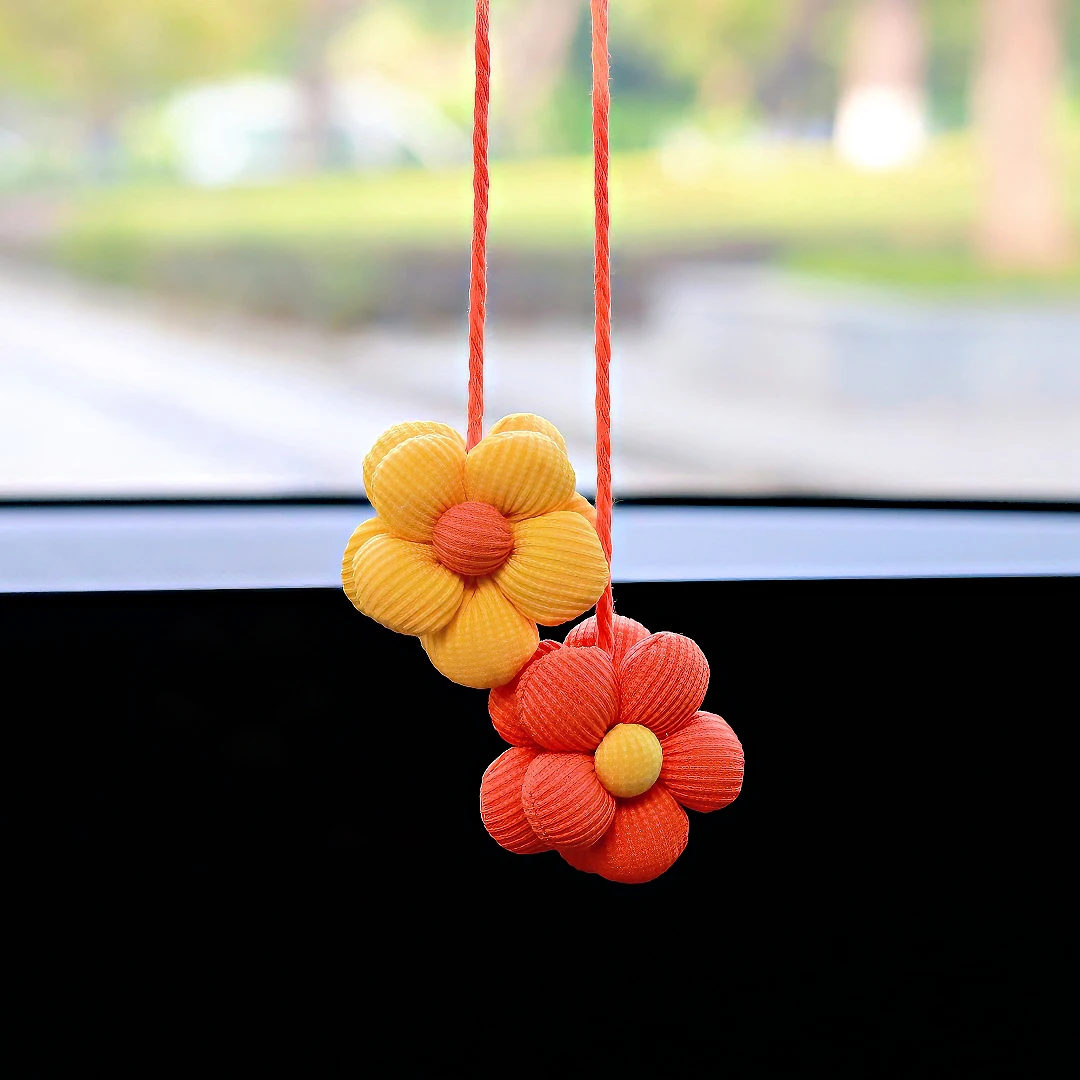 1/2PCS Cute Floral Car Hanging Ornament Handmade Fabric Flower Auto Rearview Mirror Pendant for Women Car Interior Decoration