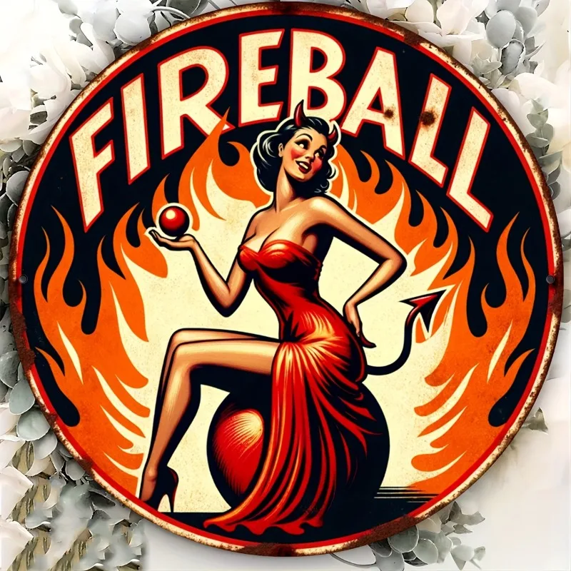 لافتة قصدير دائرية عتيقة من Fireball، نقش رقائق معدنية على الحائط، ديكور غرفة نوم المنزل، موضوع البار الكلاسيكي، هدية للأصدقاء، قطعة واحدة #3