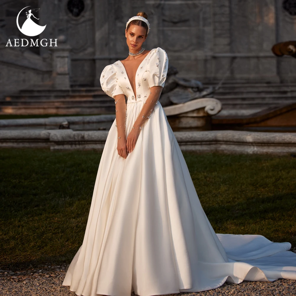 Aedmgh Gaun Pernikahan Antik A-Line 2023 V-Neck Puff Lengan Panjang Vestido De Novia Kristal Bermanik Matte Stain Robe De Mariee