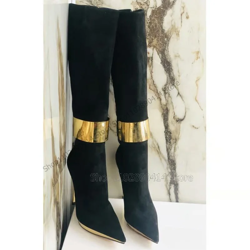 Gold Circle Decor Black Pointy Toe Metal Heel Boots Side Zipper Women Shoes Thin High Heels Sexy Runway 2023 Zapatos Para Mujere