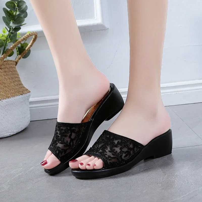 Summer new wedge soft sole high mesh sandals flip-flop sandals thick sole non-slip lazy slippers