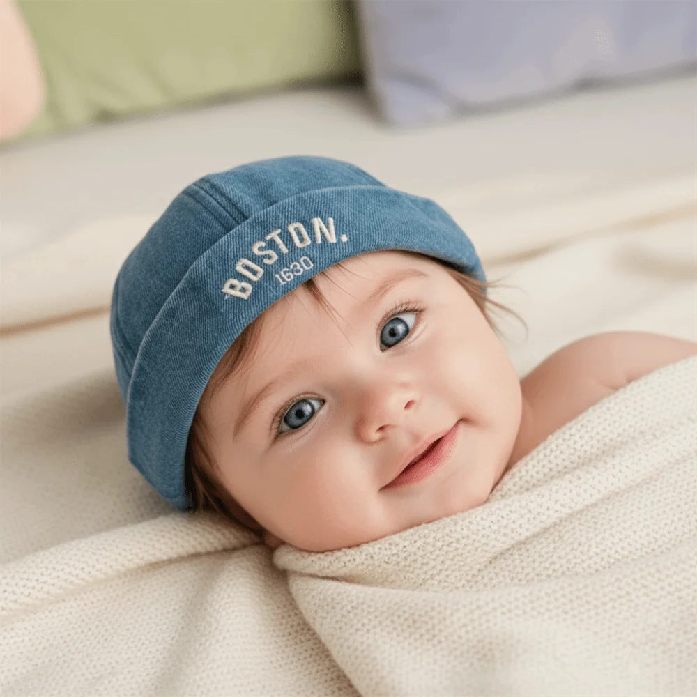 

Washed Denim Baby Brimless Hat Letter Embroidered Solid Color Children Melon Beanie Blue Drawstring Closure Landlord Cap Unisex