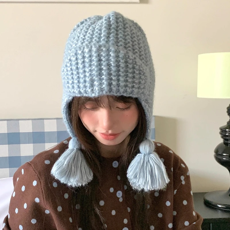 

Korean Fresh Blue Knitted Pullover Hats for Women Winter Casual Warmth Ear Protection Versatile Cute Tassel Braided Beanies