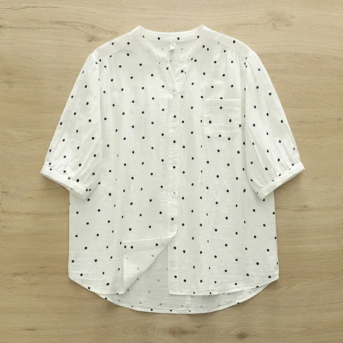 Imagen 2 del producto Enianechu, ropa para mujer, camisas y blusas con estampado de lunares verdes elegantes de verano para mujer, Tops de manga corta de hilo de algodón puro