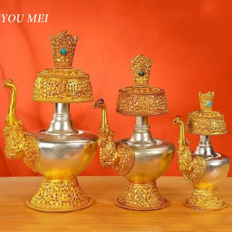 Nepalese Water Purification Bottle Copper,Tantric Holy Water Buddhism Inlaid Gem Pot,Tibetan Altars Kettle Buddhist Religious