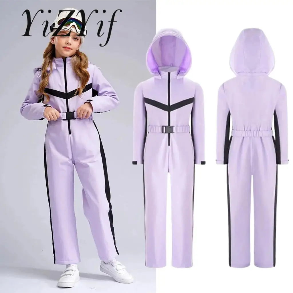 Girls Ski Jumpsuit Tracksuit Playsuit Hooded Bodysuit Water Resistant Snowsuit with Belt for Outdoor Snow Sports Snowboarding