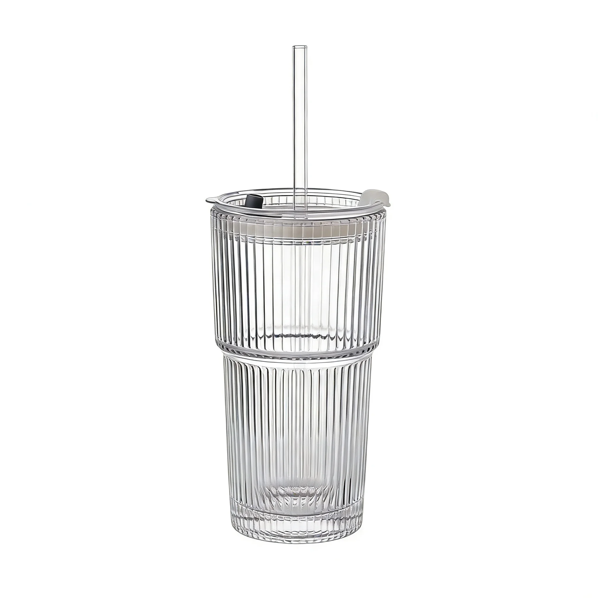 Ins Style Ribbed Glass Cup with Straw - Clear Bamboo Design Drinking Glass for Home, Office, and Party