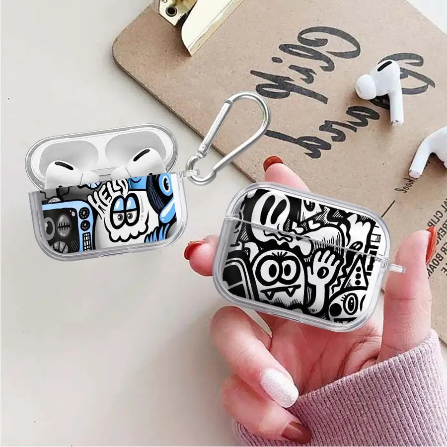 Super coole schwarze Graffiti-Hülle für Airpods 3 1 2 Pro2 4 Pro3 Pro, transparente Kopfhörerhülle